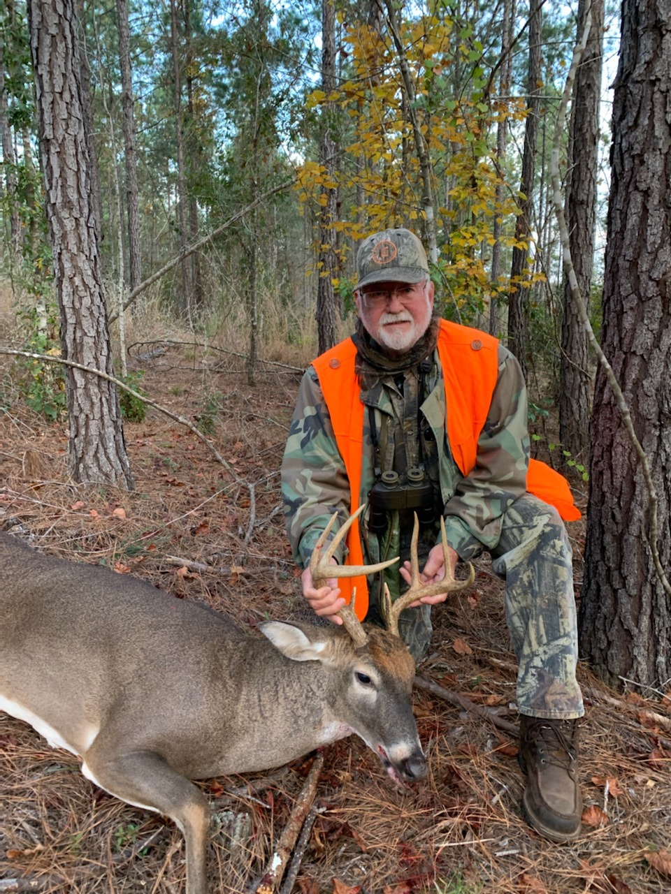 Hunter in Camouflage and an Orange Vest Posing in the Woods with a Harvested Deer